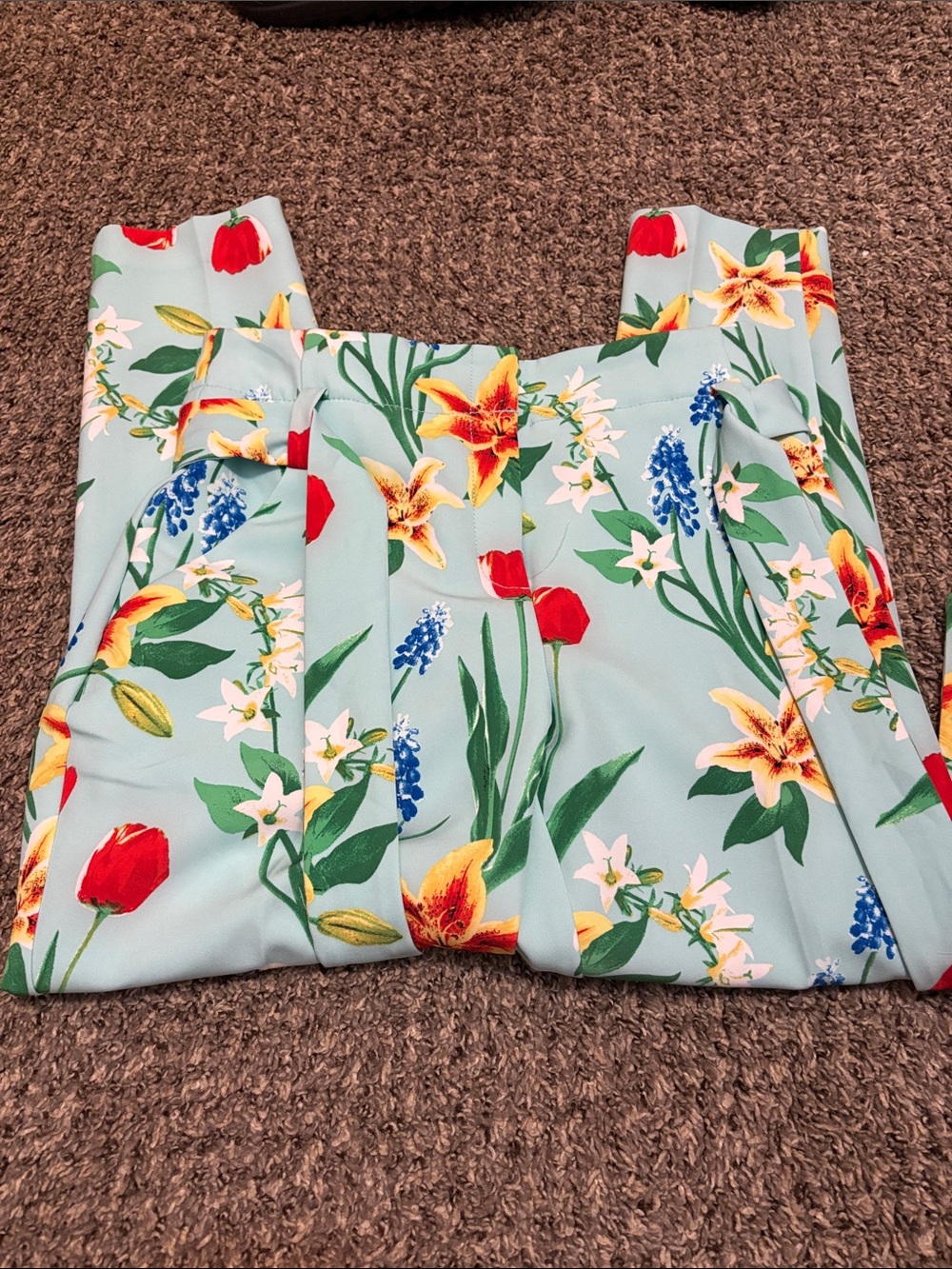 New York & Company Light Aqua Floral Wide-Leg Jumpsuit with Red & Yellow Blooms